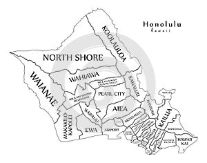 Modern City Map - Honolulu Hawaii city of the USA with neighborhoods and titles outline map