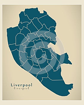 Modern City Map - Liverpool city of England with wards UK