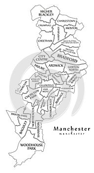 Modern City Map - Manchester city of England with wards and titles UK outline map photo