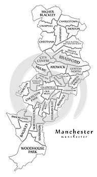 Modern City Map - Manchester city of England with wards and titles UK outline map