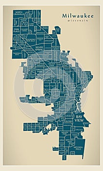 Modern City Map - Milwaukee Wisconsin city of the USA with neigh