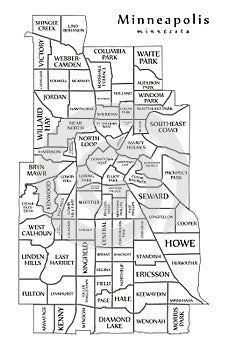 Modern City Map - Minneapolis Minnesota city of the USA with neighborhoods and titles outline map