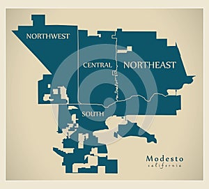 Modern City Map - Modesto California city of the USA with neighborhoods and titles