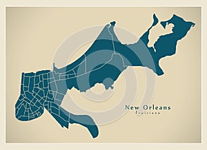 Modern City Map - New Orleans Louisiana city of the USA with neighborhoods