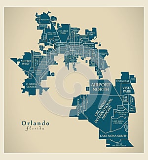 Modern City Map - Orlando Florida city of the USA with neighborh