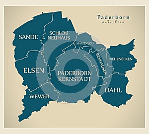 Modern City Map - Paderborn city of Germany with boroughs and titles DE