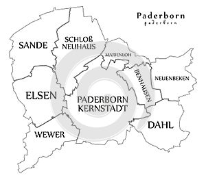 Modern City Map - Paderborn city of Germany with boroughs and titles DE outline map