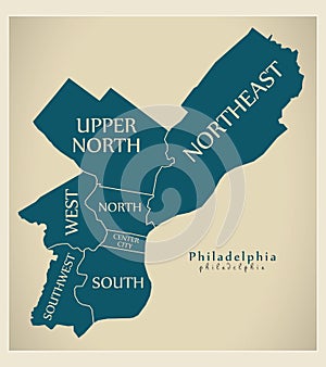 Modern City Map - Philadelphia city of the USA with boroughs and photo