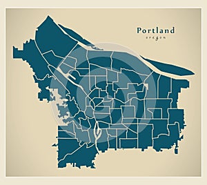 Modern City Map - Portland Oregon city of the USA with neighborhoods