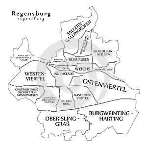 Modern City Map - Regensburg city of Germany with boroughs and titles DE outline map