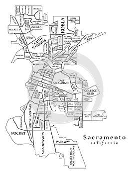 Modern City Map - Sacramento California city of the USA with neighborhoods and titles outline map