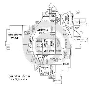 Modern City Map - Santa Ana California city of the USA with neighborhoods and titles outline map