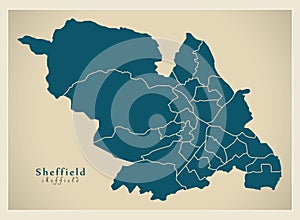 Modern City Map - Sheffield city of England with wards UK
