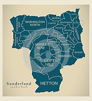 Modern City Map - Sunderland city of England with wards and titles UK
