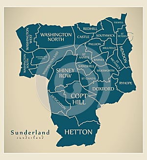 Modern City Map - Sunderland city of England with wards and titles UK photo