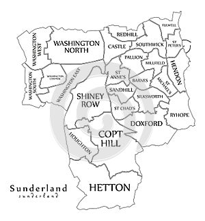 Modern City Map - Sunderland city of England with wards and titles UK outline map photo