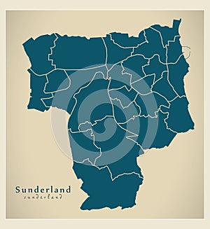 Modern City Map - Sunderland city of England with wards UK