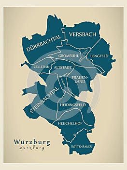 Modern City Map - Wurzburg city of Germany with boroughs and titles DE