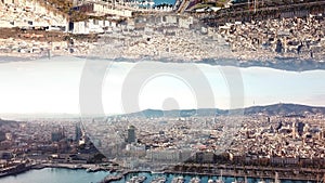 Modern city with mirror effect. Stock. Top view of big city landscape with effect of parallel realities. Panorama of big