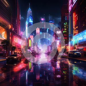 Modern city in neon lights created with Generative AI