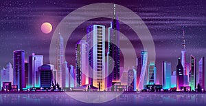 Modern city night landscape neon cartoon vector
