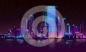 Modern city night skyline neon cartoon vector