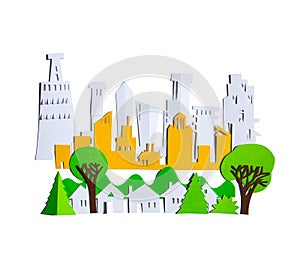 Modern City, office buildings, skyscrapers and town houses. Property and house buying concept. Paper cut design background.