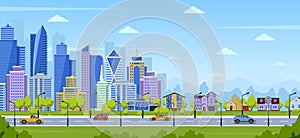 Modern city panorama. Urban town cityscape and nature landscape with suburban houses. Big city panoramic view vector