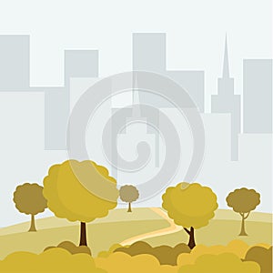 Modern city park cartoon vector illustration. Green trees and bushes walkway, buildings cityspace, outdoor leisure on