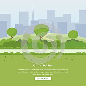 Modern city park vector landing page. Green trees and bushes walkway, skyscrapers cityspace, outdoor leisure on nature