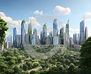 modern city skyline framed by lush greenery, with skyscrapers peeking out from amidst