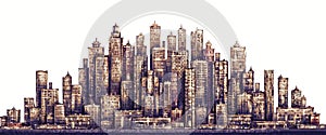 Modern City skyline, highly detailed hand drawn illustration