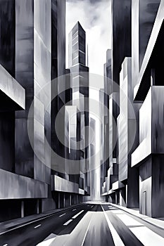 modern city skyline using clean lines and geometric forms