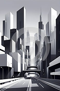 modern city skyline using clean lines and geometric forms