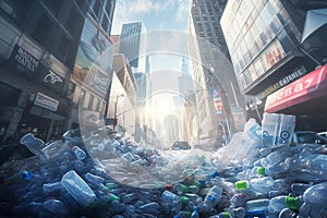 Modern city street engulfed in plastic waste, dystopian perspective of an unsustainable future. Generative AI illustration photo