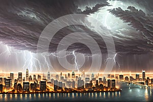 A Modern City Surrendered to the Spellbinding Beauty of Storm Clouds, Lightning, and Thunderstorms. AI generated