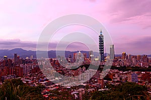 The modern city of Taipei, buildings cityscape at sunset