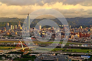 The modern city of Taipei, buildings cityscapes at sunset view