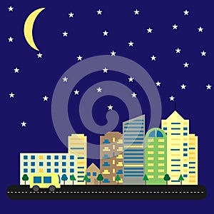 Modern city with tall houses and skyscrapers at night. Cityscape of road and cars under starry sky with moon. Skylines vector.