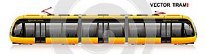 The modern city tram is yellow. Side view. Eco-friendly electric transport. Way to work and home.