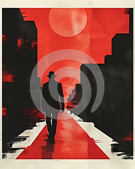 Modern City Walk Art: Vibrant Red and Black Street Scene with Walking Figure