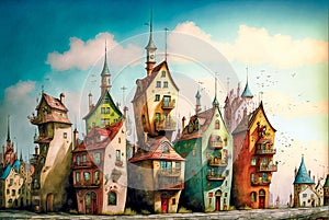 Modern cityscape, cute cartoon city houses, town stree scenery photo