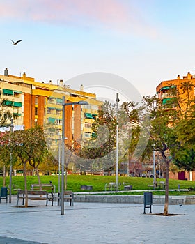 Modern cityscape district park Barcelona