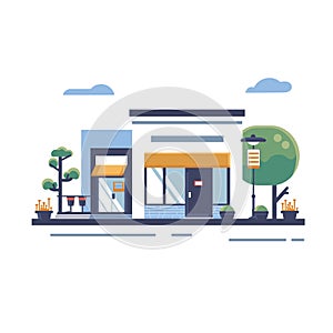 Modern cityscape gas station vector illustration, featuring fuel pumps, convenience store photo