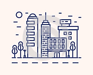 Modern cityscape outline vector illustration. Blue linear urban landscape isolated on white background. City buildings