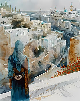 Modern Cityscape Painting: Urban Architecture, Marble Structures, Floral Garden, Figurative Woman, Terraced Landscapes