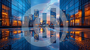 Modern cityscape with reflections at dusk - generative ai