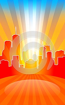 Modern cityscape on retro sunburst pattern with stage and spot o