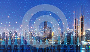 Modern cityscape with wireless network connection and city scape concept.Wireless network and Connection technology concept