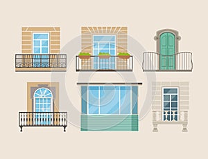 Modern and classic balconies with doors and windows set. Architectural house facade exterior vector illustration